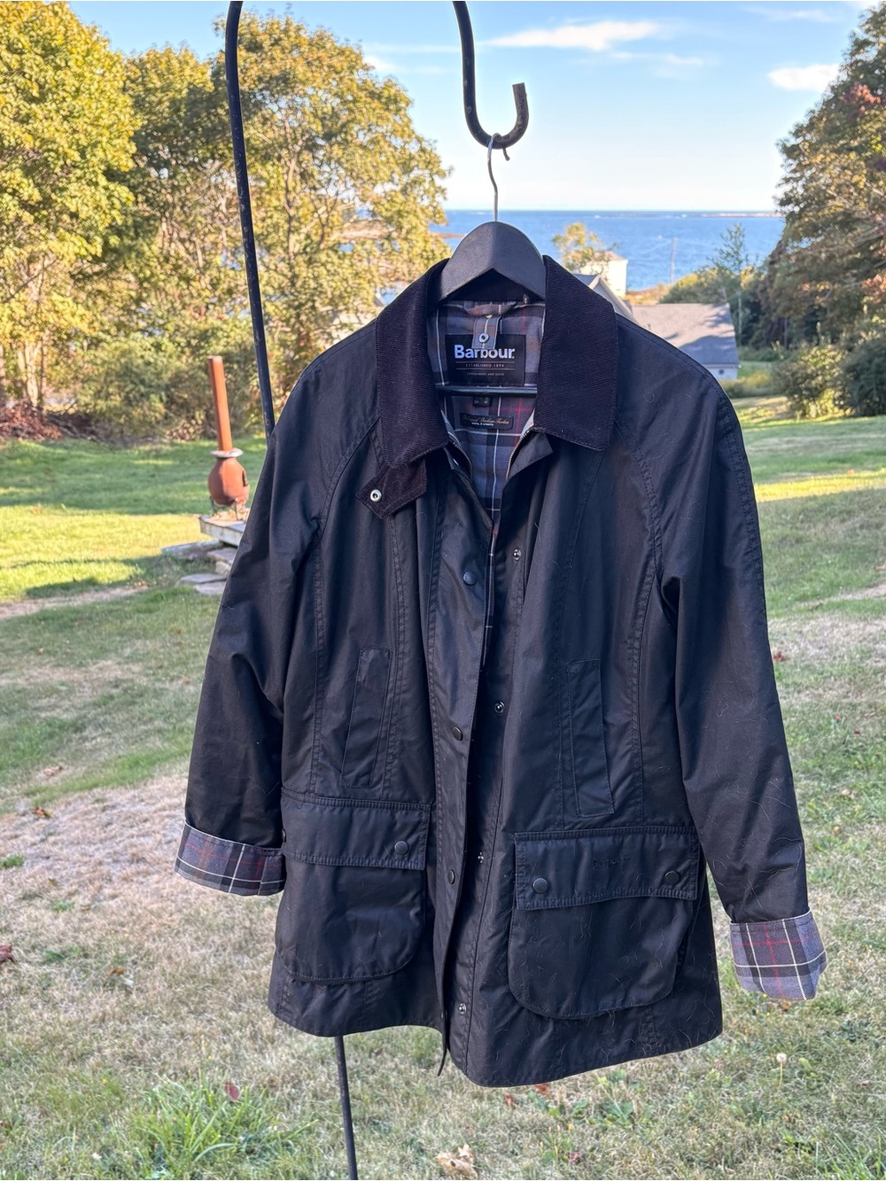 Barbour Black Waxed Cotton Field Jacket with Cord Collar